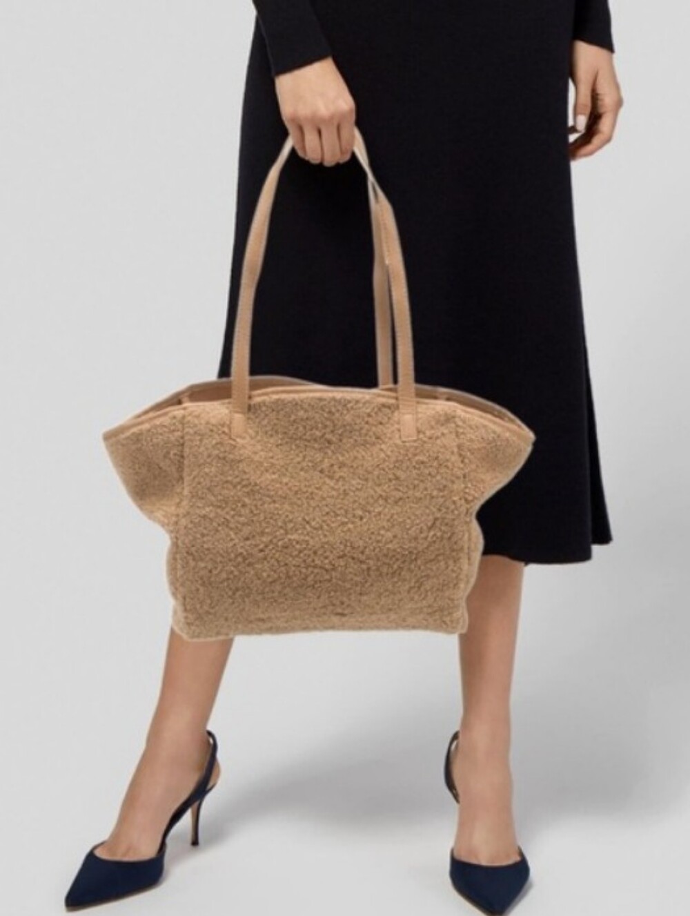 Neiman Marcus Tote Bag Tan Faux Shearling Leather Sherpa Fleece 11 x 11 x 5